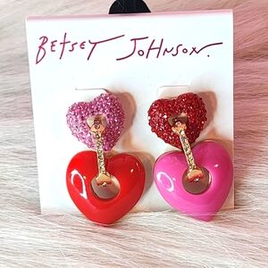 Betsey Johnson Red and Pink Double Heart Mis-matched Earrigs